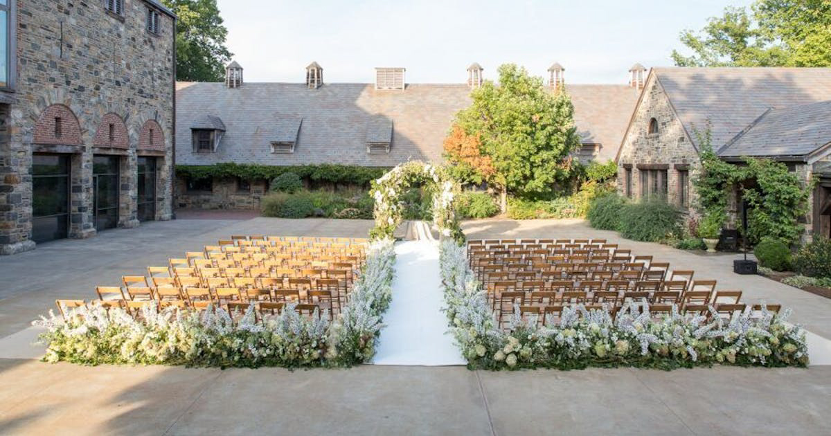 Aerial view of a lakeside wedding at Cedar Lakes Estate