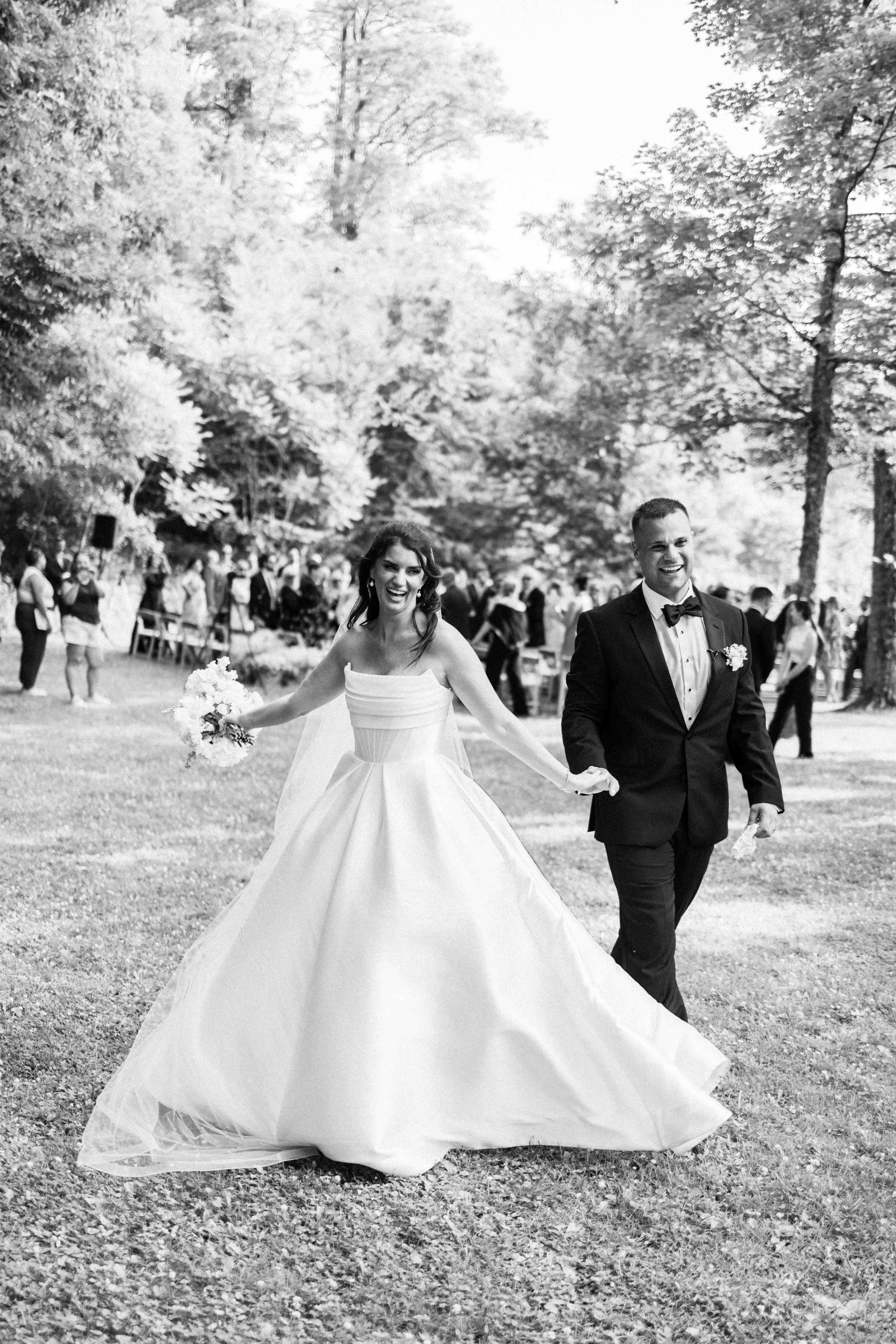Cinematic shot of a wedding couple walking with motion blur